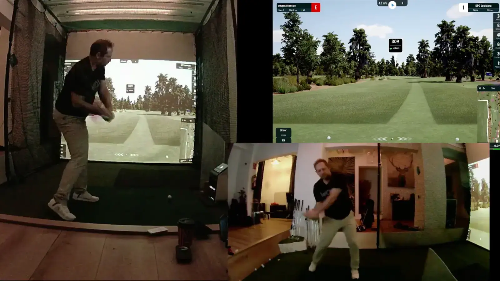 Tres vistas sincronizadas de una sesión de swing en Cosy Golf